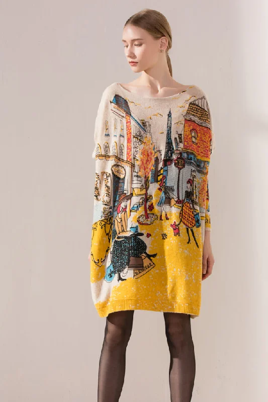Long Sleeve Boat Neck Loose Sweater Dress Thin Thick Dense
