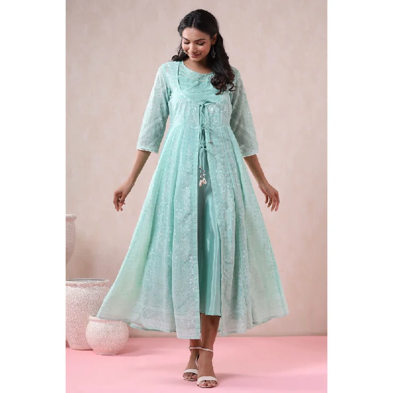 Juniper Mint Georgette Printed Layered Dress With Jacket (Set Of 2) Print Jacket Jacquard Jacket Patchwork Jacket