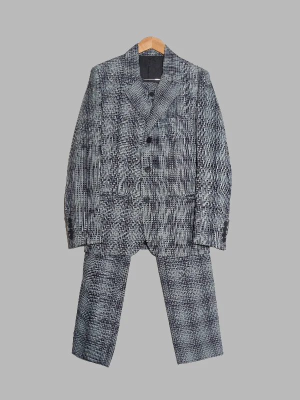 Jean Colonna 1990s blue grey polyester check three button trouser suit - S Trousers Fleece Cozy