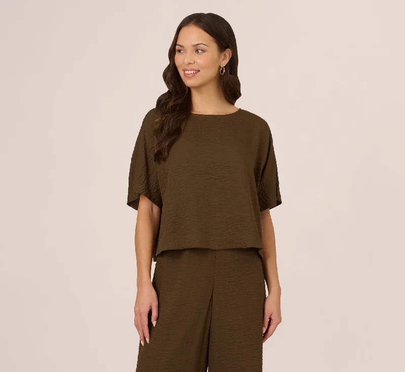 Kimono Sleeve Crinkle Boxy Crop Top In Chocolate Walnut Jersey Fabric Tulle Fabric Batik Fabric