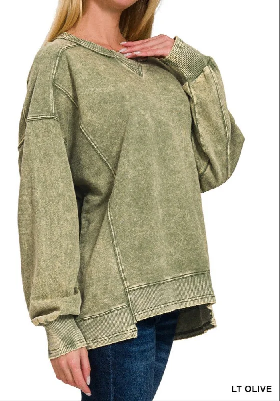 FRENCH TERRY ACID WASH PULLOVER in LT OLIVE Faux Fur Trim