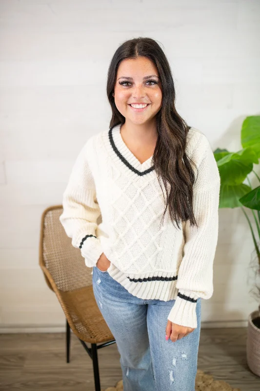 V-Neck Cableknit Preppy Sweater-Ivory Spandex Blend Rayon Blend Denim Blend