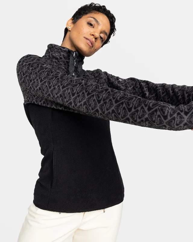 Sayna Half Zip Polar Pullover - True Black Roxygram Tonal Bell Sleeve Stylish