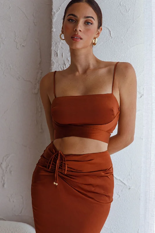 Desert Skies Square Neckline Tie Back Crop Top Chocolate Nylon Fabric Polyester Fabric Spandex Fabric