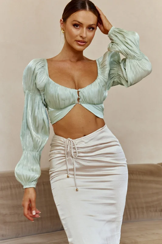 Alira Three-Button Ruched Bust Crop Top Pistachio Mesh Blend Leather Blend Suede Blend
