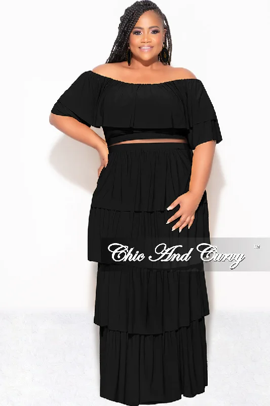 Final Sale Plus Size 2pc Ruffle Tiered Off the Shoulder Crop Top Maxi Skirt Set in Black Satin Blend Silk Blend Wool Blend