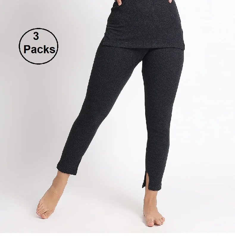 T.T. Women Regular Fit Cotton Rich With Elastomeric Finish Thermal Trouser Pack Of 3-Black Trousers Party Sparkling
