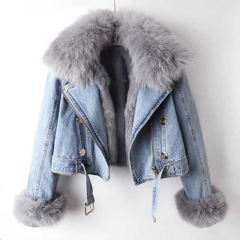 Winter Detachable Fox Fur Denim Jacket Coats for Women Embroidered Jacket Appliqued Jacket Beaded Jacket