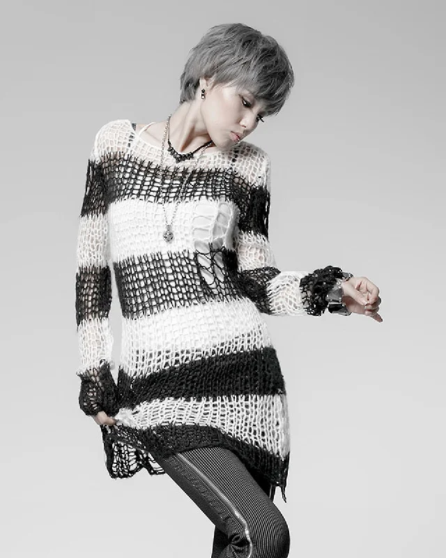 Punk Rave Shredded Knit Sweater - Black & White Wool Fabric Cashmere Fabric Tweed Fabric