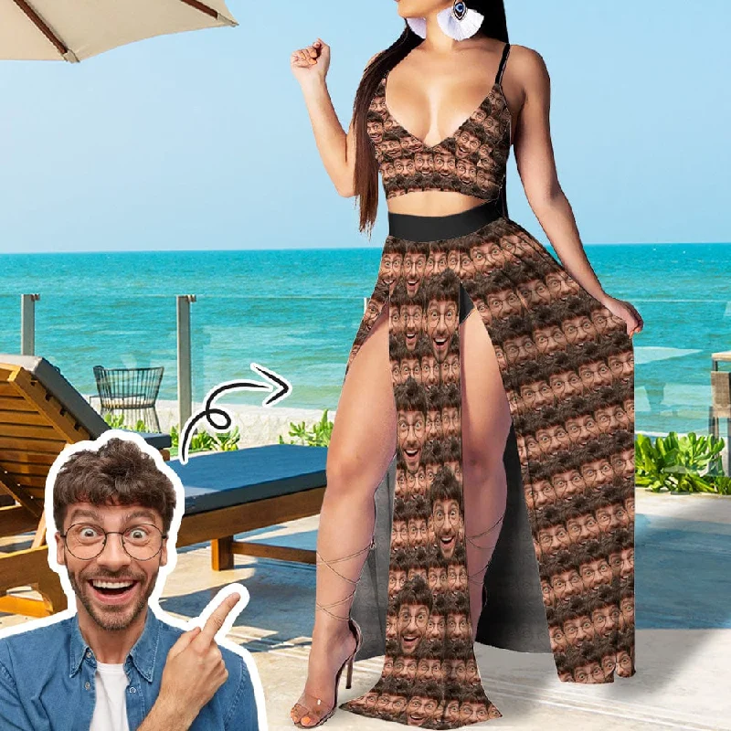 Custom Seamless Face Women's Sexy Strap Deep V Neck 2 Piece Outfits Dress Crop Top High Split Maxi Dresses Skirt Set Thin Crop Top Open Front Quick Dry