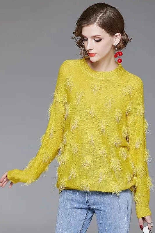 Yellow Sweater W/ Feather Detail Welt Pockets Slit Pockets Flap Pockets