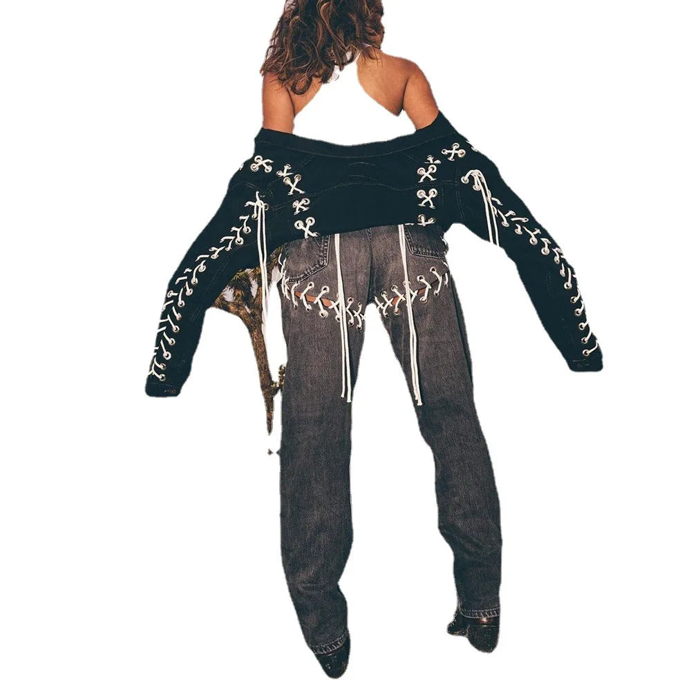 Popular Women's Jeans Denim Pants Trouser Ladies Lace up Jeans  Pants For Women Jeans  Women's Pants & Trousers Trousers Evening Elegant