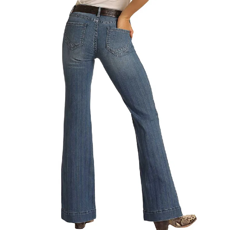 Rock & Roll Cowgirl Women's Mid Rise Stripe Flare Leg Trouser Trousers Designer Luxury