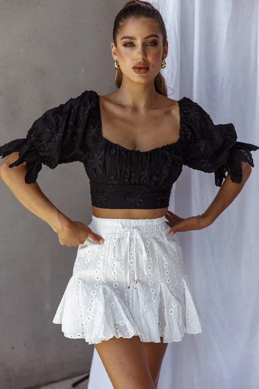 Passing By Tied Back Crop Top Black Satin Blend Silk Blend Wool Blend