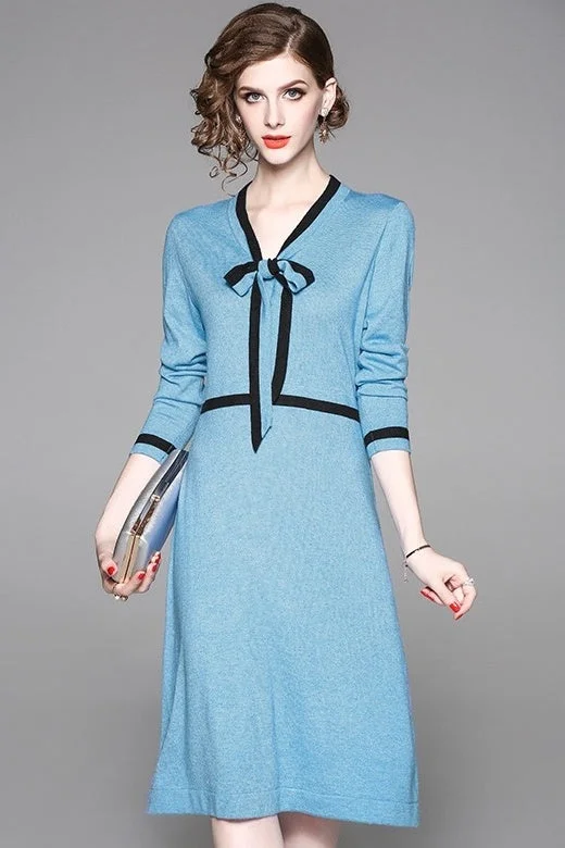 V Neck Sweater Dress W/ Tie Turtle Neck Boat Neck Asymmetrical Neck