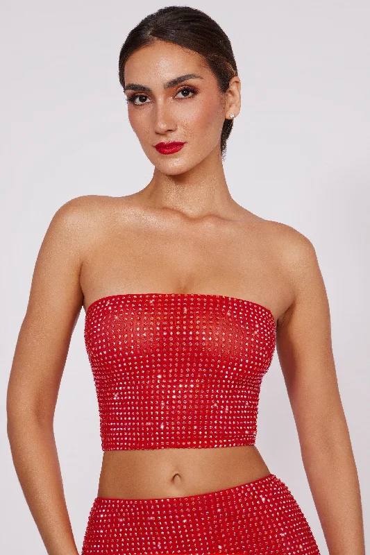 Embellished Strapless Crop Top in Fire Red Graphic Embroidered Appliqued