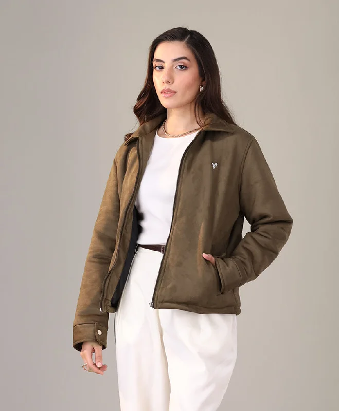 Olive Suede Flight Jacket (Women) Faux Fur Jacket Real Fur Jacket Shearling Jacket