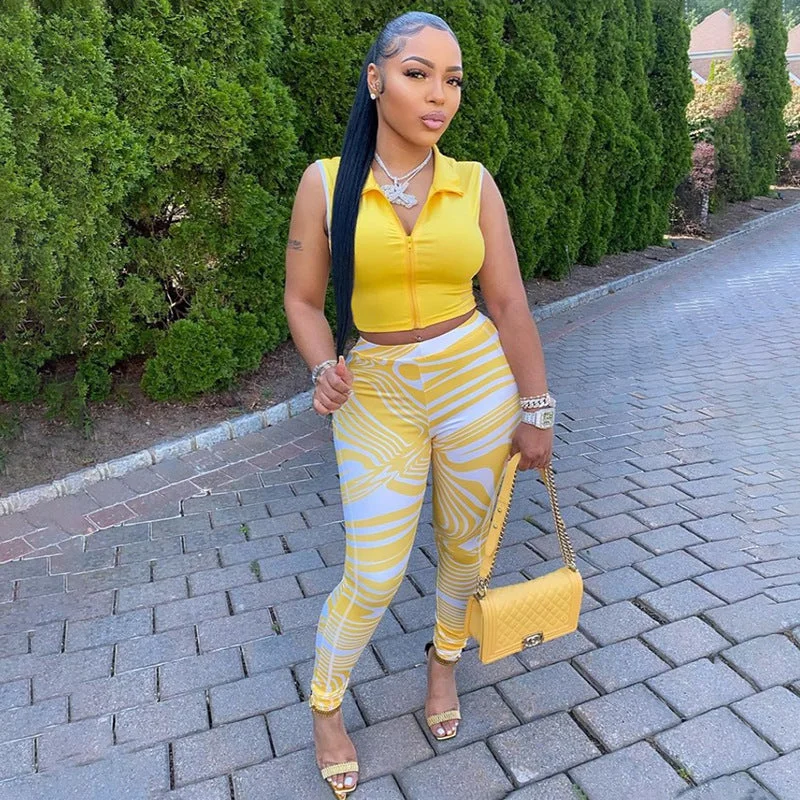 2022 Summer women solid color sleeveless turn-down collar zip top high waist printed trouser set lapel two piece pants set Trousers cozy soft