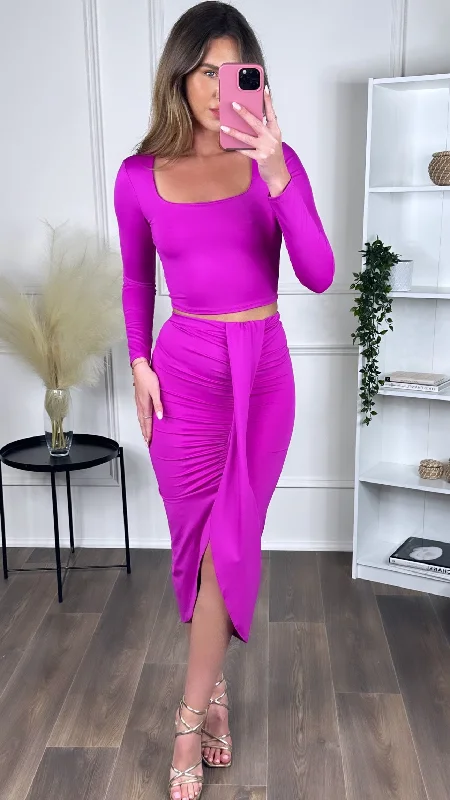 Leona Fuchsia Crop Top & Midi Skirt Co Ord Lace Blend Ribbed Blend Corduroy Blend