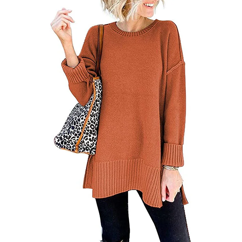Long Sleeve Side Slit Loose Wool Knit Pullover Blouse Notched Neck Pullover