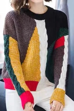 Color Block Wool Sweater Boat Neck Shawl Collar Notched Collar