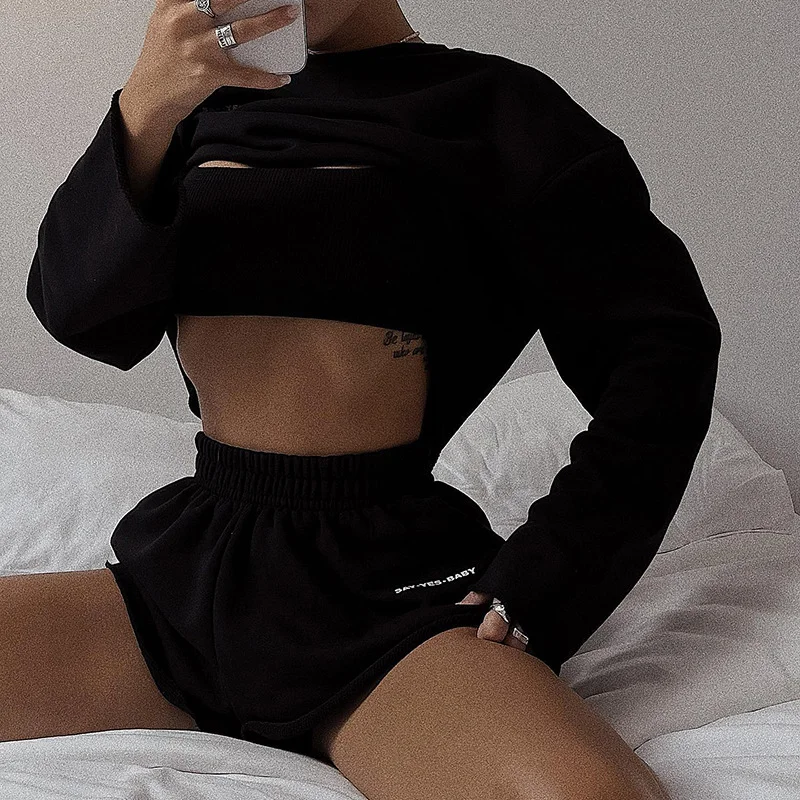Women Fashion Athleisure Solid Color Long-Sleeved Pullover Top Casual Shorts Casual Sports Set Polo Neck Sweater