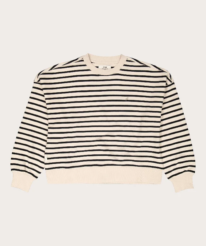 Ladies Crew Neck Stripe Sweater - Milk & Black High Neck Crew Neck V-Neck