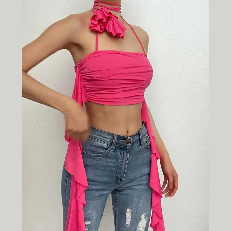Solid halter flower applique ribbon ruched backless crop top Terry Blend Velvet Blend Canvas Blend