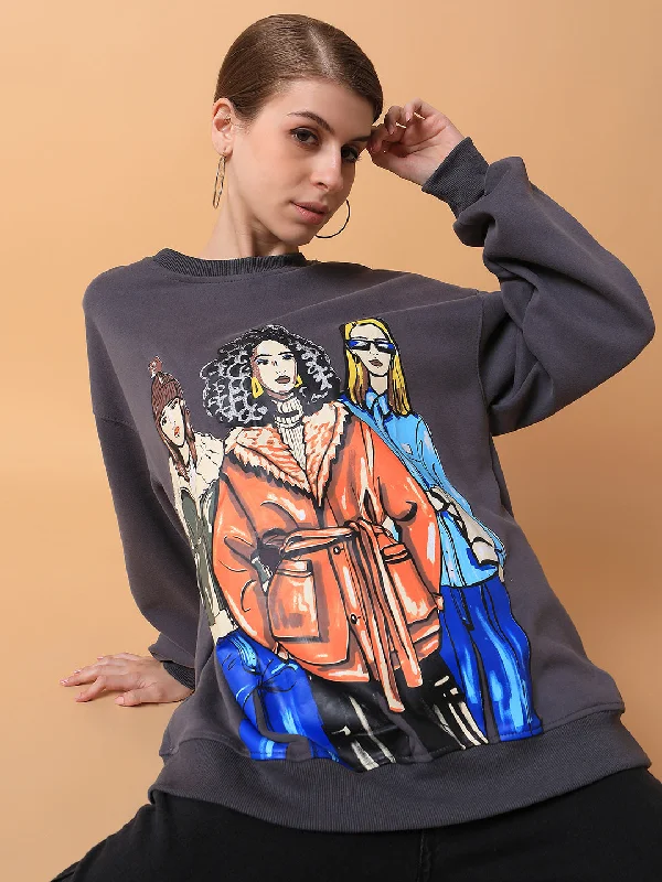 Women Graphic Grey Oversized Pullover-6308-Grey Faux Fur Trim