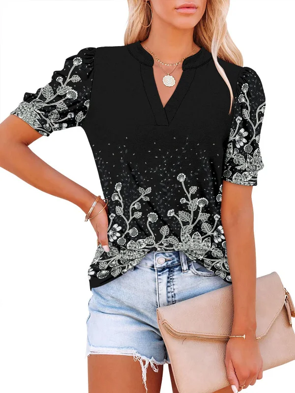 Fashion V-Neck Print Loose Casual Puff Sleeve Pullover Top Lapel Neck Sweater