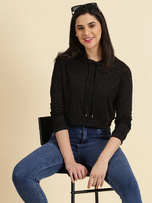 Women Hooded Black Crop Solid Pullover-AE-10639-Black Polo Neck Sweater