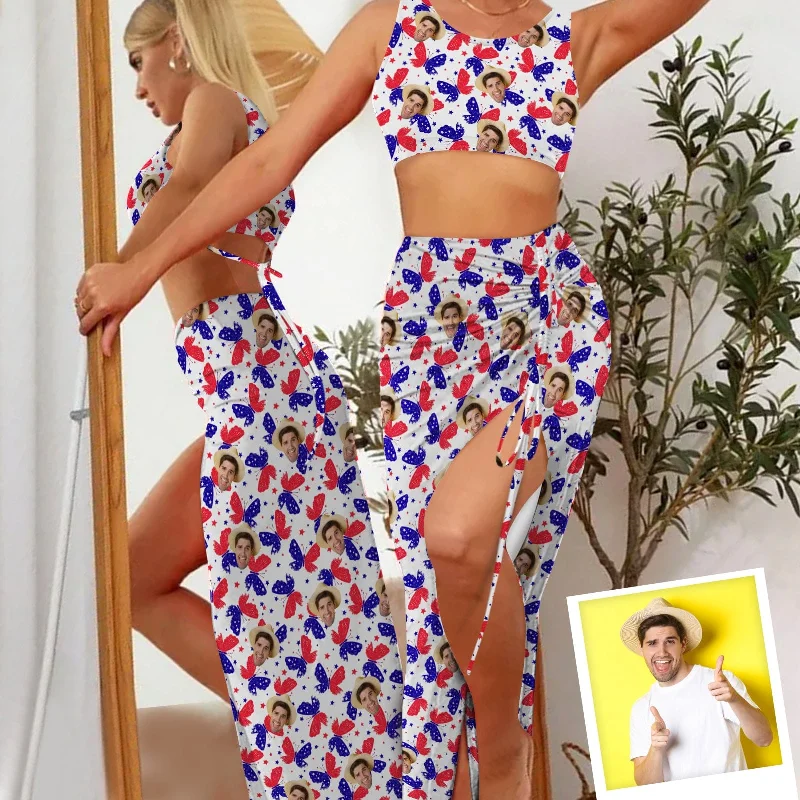 Custom Face Stars Beach Outfits Dress Personalized Women's Sleeveless Backless Crop Top & Side Slit Drawstring Skirt Set Fashionable Trendy Casual