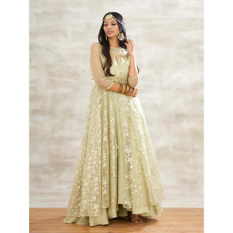 MANDIRA WIRK Green Embellished Gown with Jacket and Chudidar (Set of 3) Chenille Fabric Brocade Fabric Lace Fabric