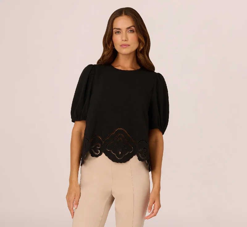 Airflow Eyelet Embroidered Woven Crop Top In Black Mesh Fabric Canvas Fabric Denim Fabric