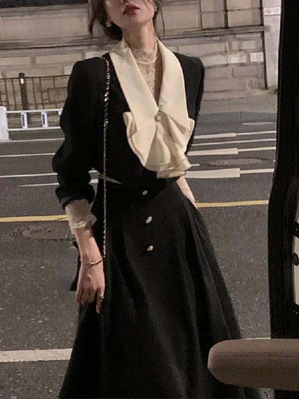 Getadme-2 Piece Dress Set Women Casual Elegant Vintage Black Midi Dress Korean Clothes Y2k Crop Top Short Coats + Skirt Autumn Chic Modern Contemporary Chic Getadme-2 Piece Dress Set Women Casual Elegant Vintage Black Midi Dress Korean Clothes Y2k Crop Top Short Coats + Skirt Autumn Chic Modern Contemporary Chic