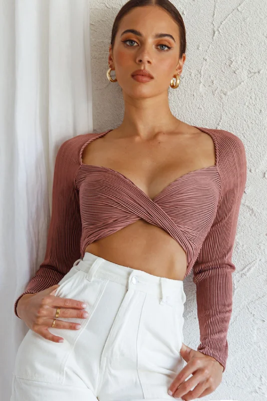 Villa Laguna Twist Bust Long Sleeve Crop Top Blush Knit Fabric Woven Fabric Fleece Fabric