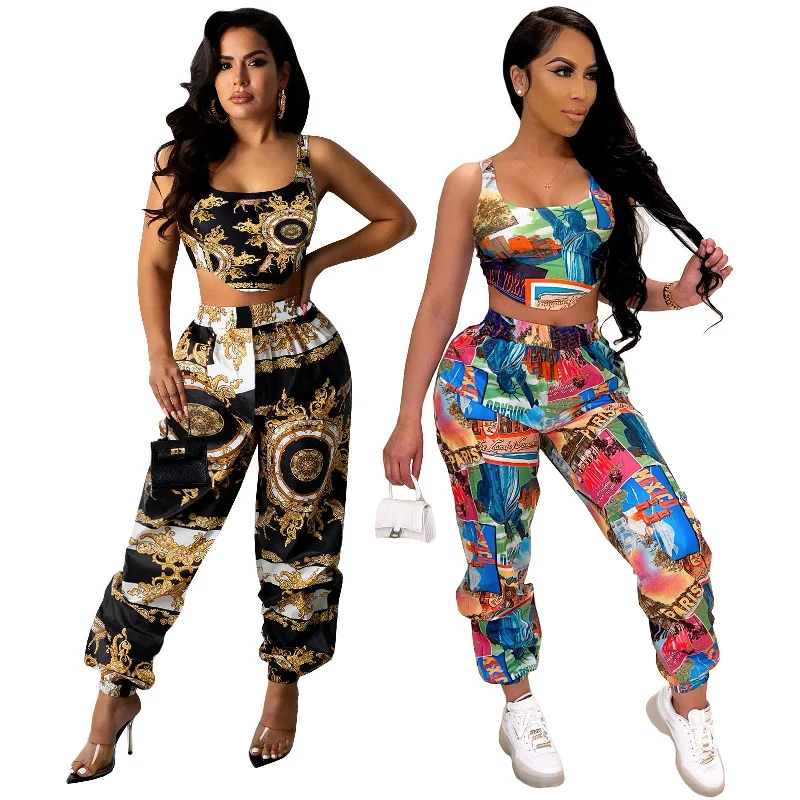 QM4284 new arrivals liberty print camisole short top trousers suit two piece set women Trousers luxurious high-end