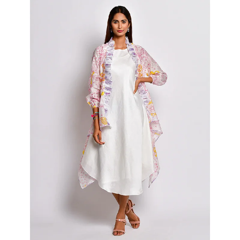 Swati Vijaivargie In Bloom Off White Dress With Frill Jacket (Set of 2) Rayon Fabric Velvet Fabric Corduroy Fabric