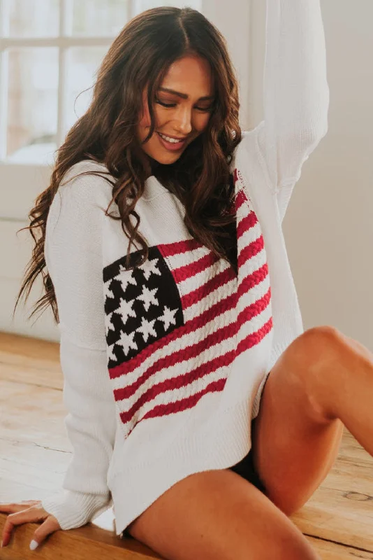 American Flag Knit Pullover Gathered Sleeve Pullover