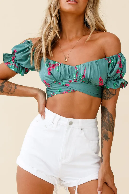 Linka Off-Shoulder Tie-Back Crop Top Pink Floral Print Sage Zippered Front Buttoned Front Snap Front
