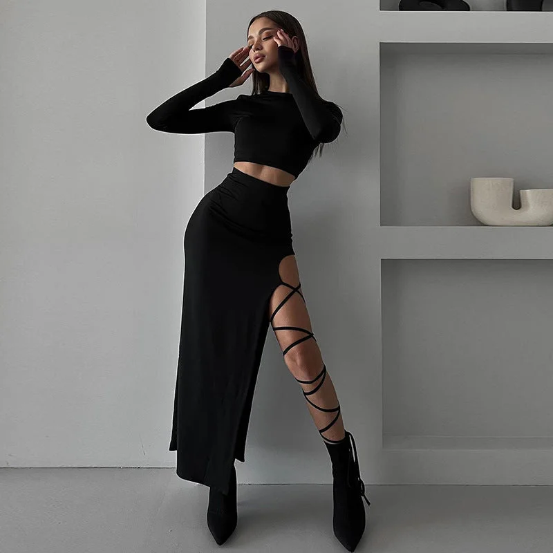 Solid Color Long Sleeve Short Crop Top with High Waist Sexy Tie Split Long Skirt Set Silk Blend Satin Velvet Solid Color Long Sleeve Short Crop Top with High Waist Sexy Tie Split Long Skirt Set Silk Blend Satin Velvet