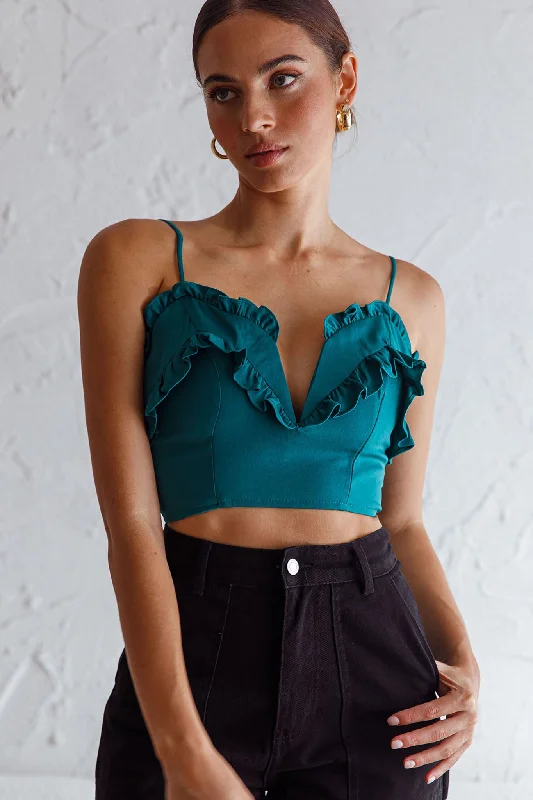 La Seine V-Neckline Frill Trim Crop Top Forest Green Front Pockets Side Pockets Patch Pockets