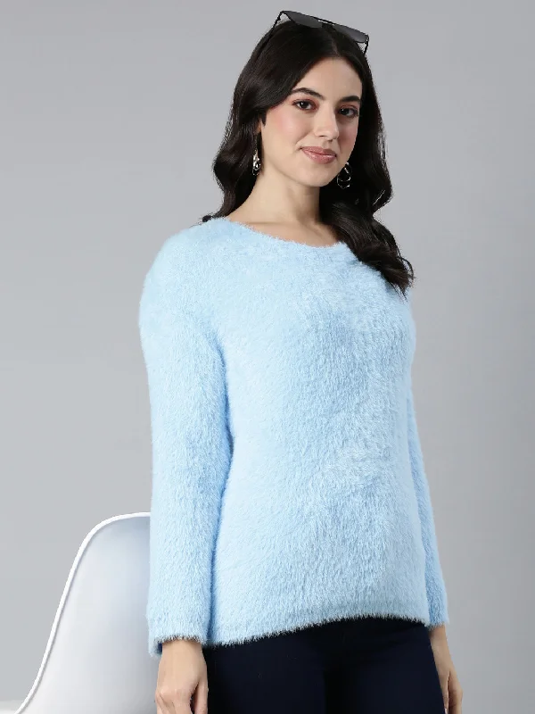 Women Solid Blue Drop Shoulder Pullover-CHN-2371-Blue Hooded Pullover Sweater