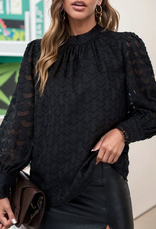2024 Fashion New Arrival Long Sleeves Lace Chiffon Shirt Women Autumn Small Stand Collar Puff Sleeves Pullover Underwear Top Women Ribbed Crew Neck