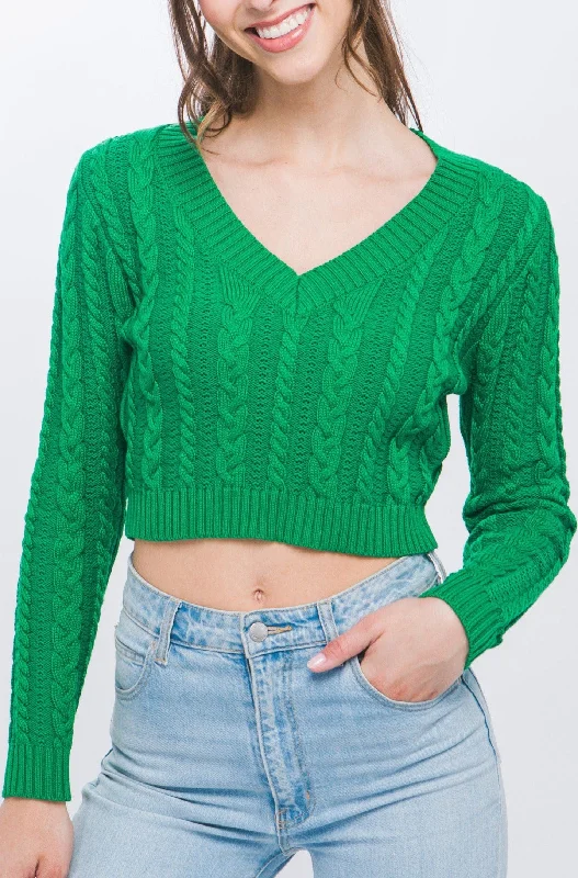 Cropped Cableknit Sweater Solid Print Embellished