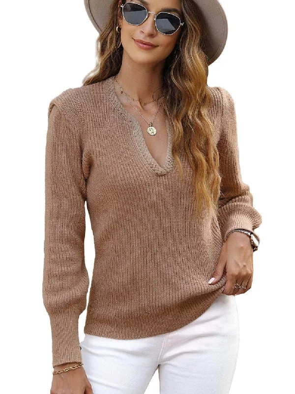 Braided V-Neck Knit Pullover Puff Sleeve Stylish