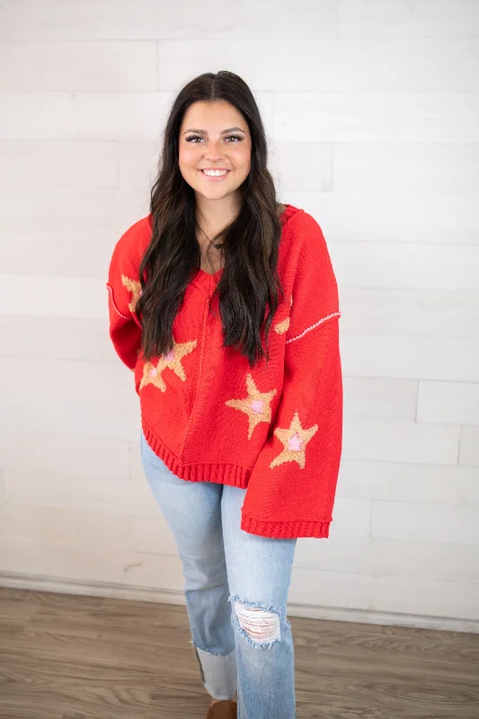 POL V-Neck Red Apple Sweater Embroidered Appliqued Beaded