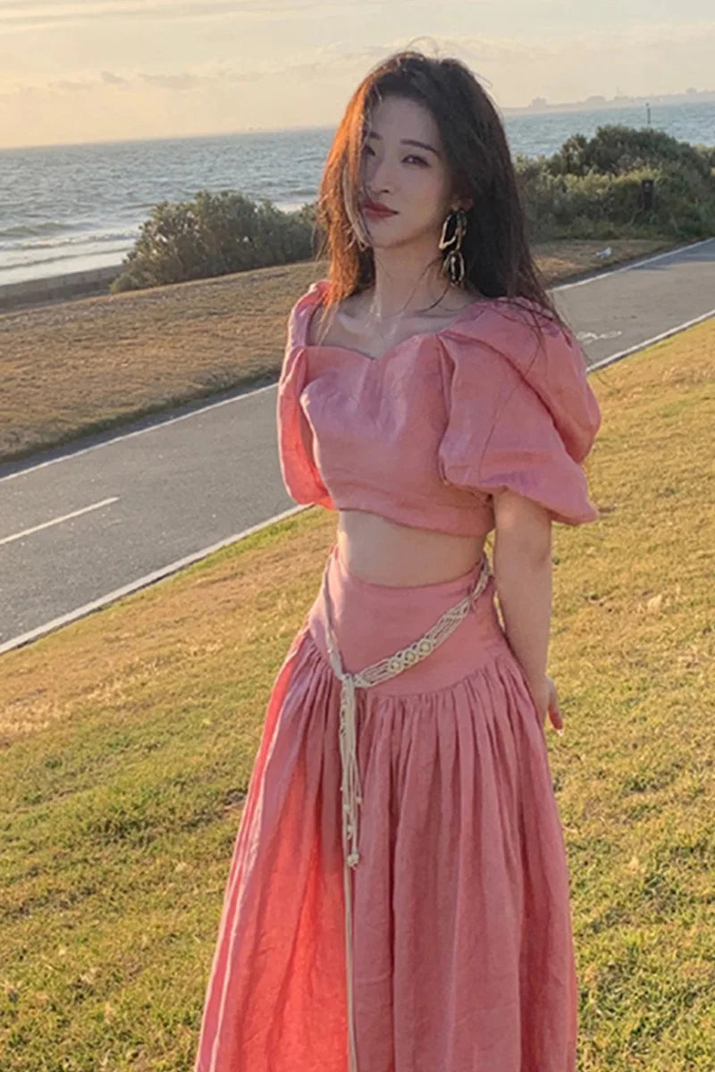 Women's Off Shoulder Crop Top and Skirt Set, Pink Beach Dress, Summer, 2024 Print Jacquard Patchwork