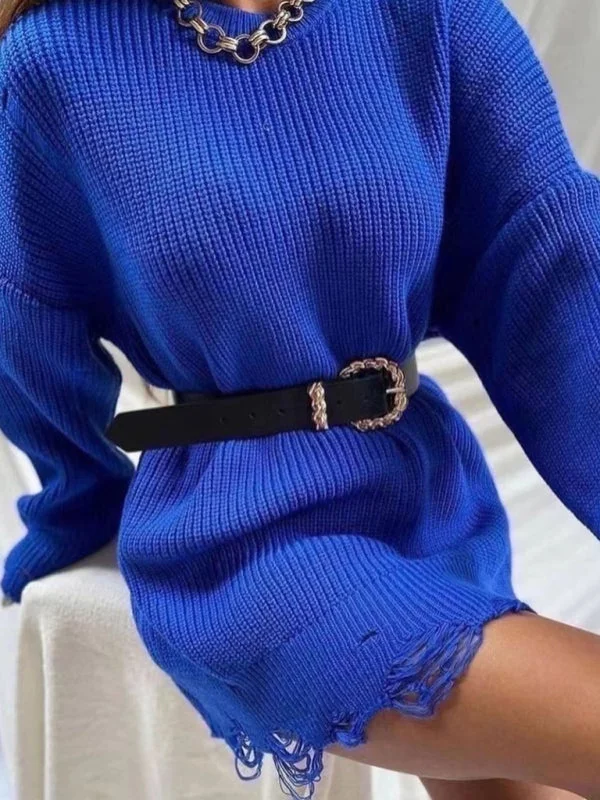 Blue Zone Planet | solid color crew neck ripped sweater dress Zippered Front Buttoned Front Snap Front Blue Zone Planet | solid color crew neck ripped sweater dress Zippered Front Buttoned Front Snap Front