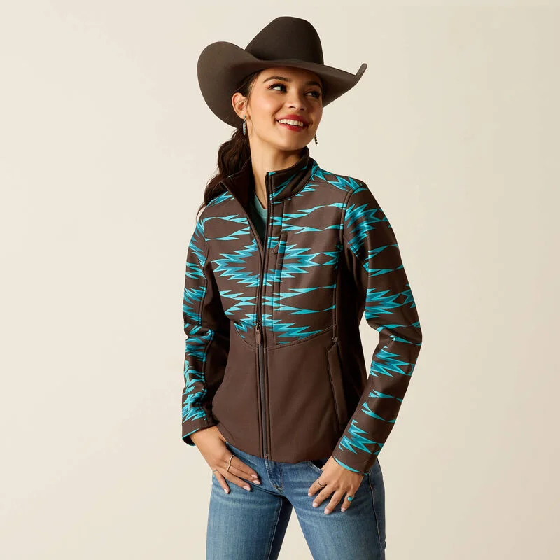 Ariat Women's Brown Aurora Softshell Jacket with Turquoise Southwest Print Welt Pockets Slit Pockets Flap Pockets